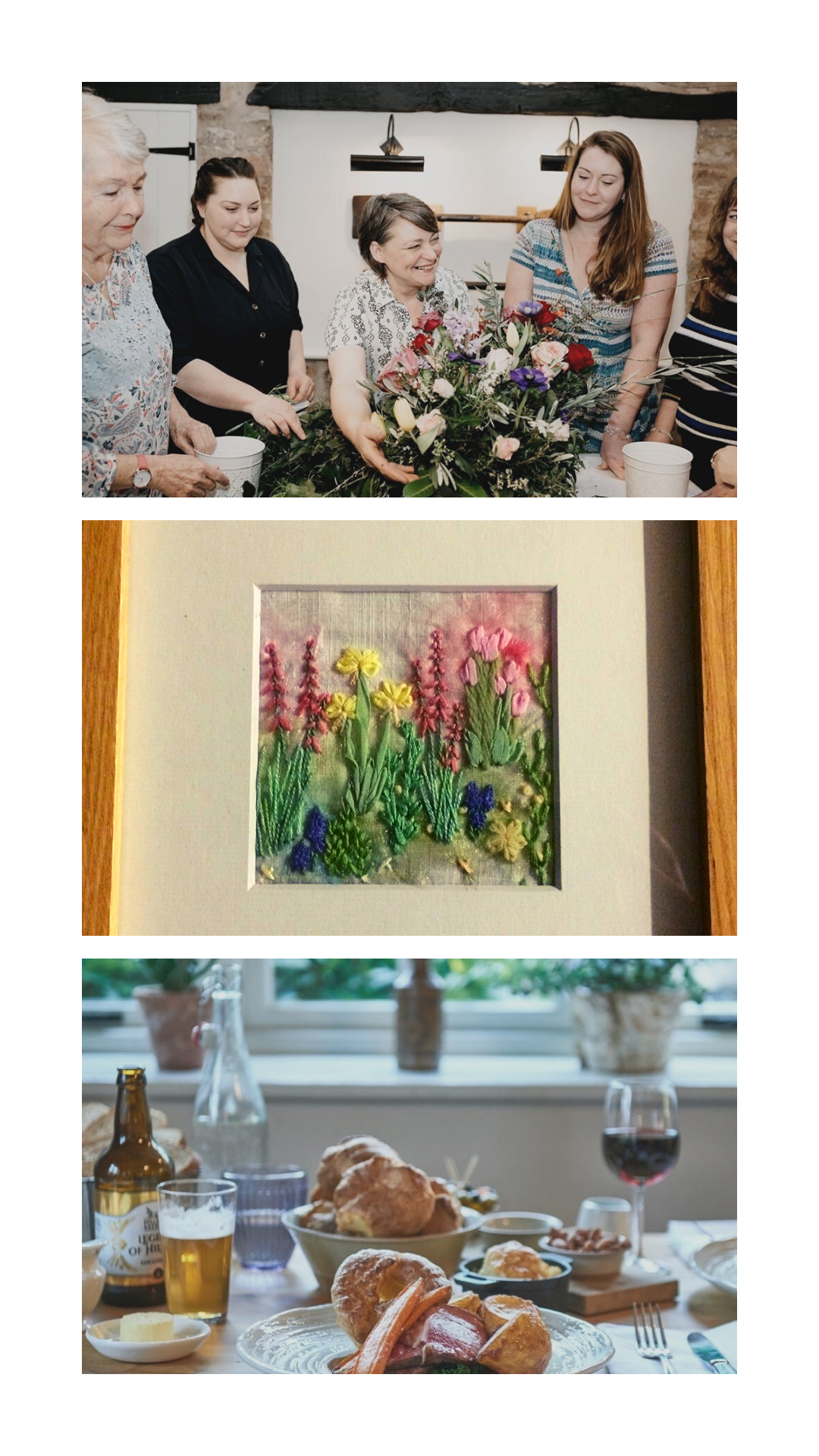 Flower Arranging; embroidery course; sunday lunch