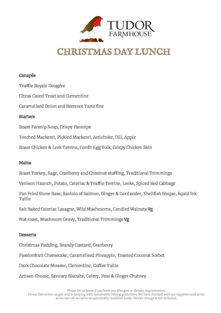 2022 Christmas Day Lunch menu Tudor Farmhouse Hotel