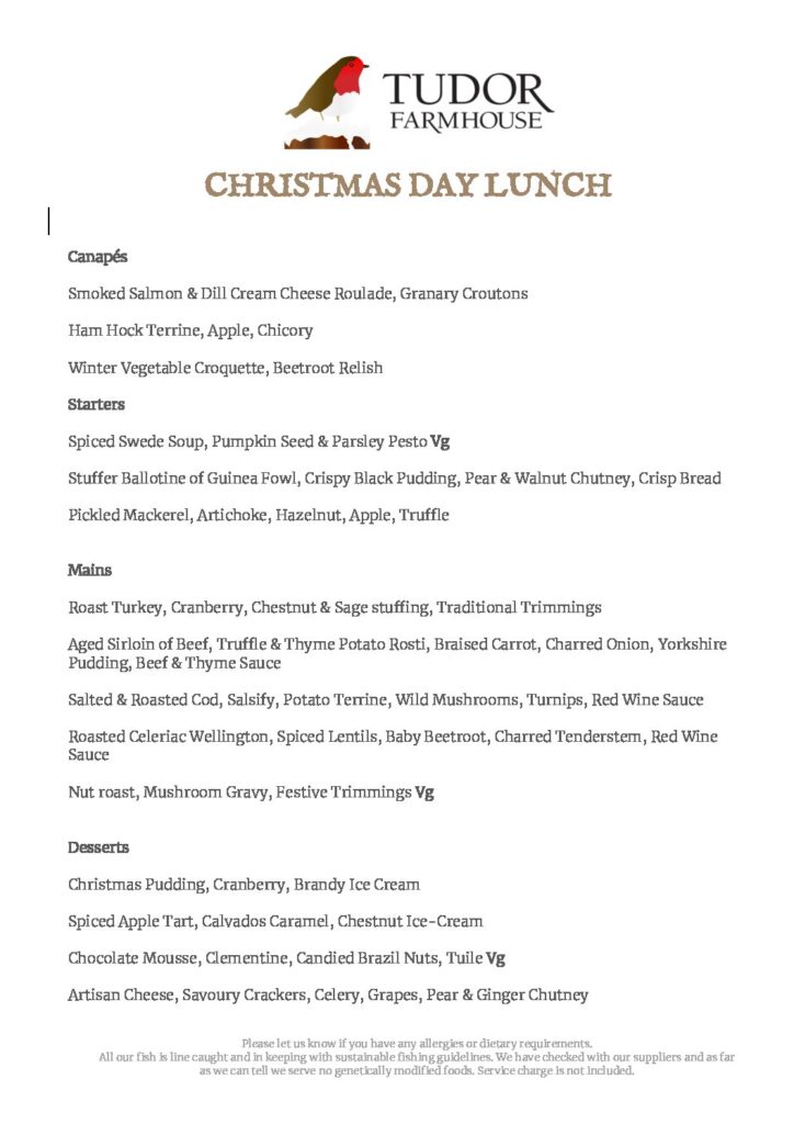 Christmas Day Lunch menu 2023 Tudor Farmhouse Hotel
